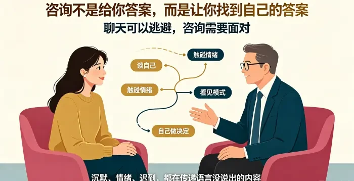 **咨询目标是看见模式并自主找答案场景图** 展示亚裔女性来访者在咨询师陪伴下进行自我觉察,说明咨询需要面对自己、触碰情绪、看见模式,最终帮助来访者自己找到答案。