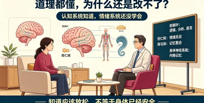 **道理与改变之间的神经科学鸿沟咨询场景图** 呈现亚裔女性来访者与咨询师沟通,结合大脑与身体神经系统示意,说明认知理解不等于情绪记忆已改变,身体安全体验是改变的关键。