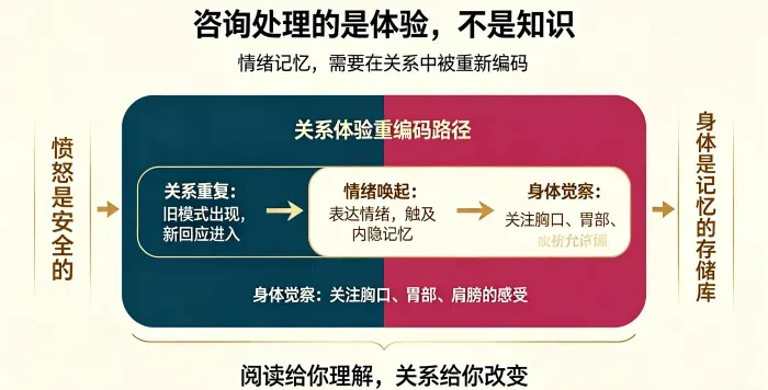 **咨询触及内隐记忆三种方式信息图** 用关系重复、情绪唤起、身体觉察三路径说明咨询通过新关系体验重编码情绪记忆,强调阅读带来理解,关系带来改变。