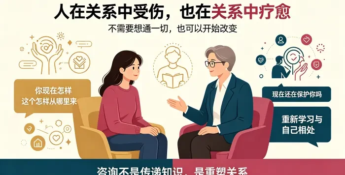 **关系中受伤也在关系中疗愈咨询场景图** 展示亚裔女性来访者在咨询师稳定陪伴下进行身体觉察,说明咨询目标不是传递知识,而是在安全关系中帮助来访者重新认识自己、与自己相处。