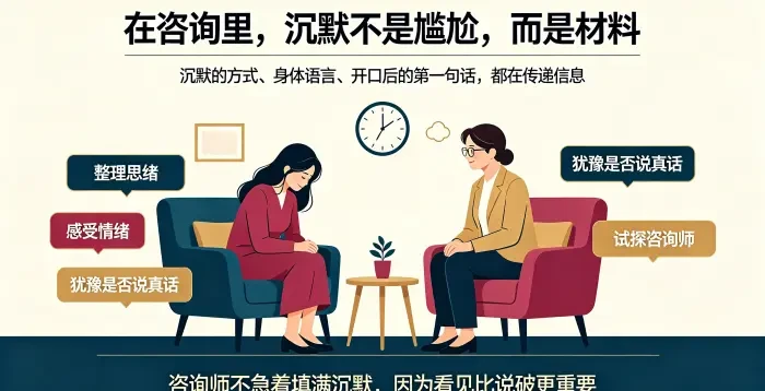 **心理咨询中沉默是材料场景图** 呈现亚裔女性来访者在咨询室中沉默、咨询师安静陪伴,说明沉默的方式、身体语言和后续表达都是理解来访者的重要线索。