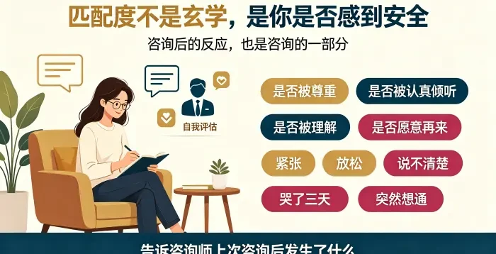 **首次咨询后反应与匹配度判断场景图** 展示亚裔女性来访者结束咨询后记录感受,说明匹配度取决于是否感到被尊重、倾听和理解,咨询后的情绪反应也值得告知咨询师。