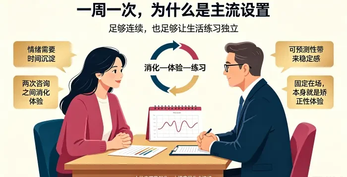 **一周一次心理咨询主流设置场景图** 展示亚裔女性来访者在固定咨询时间与咨询师交流,说明一周一次既能保持连续工作,也给来访者留出情绪消化和生活练习空间。