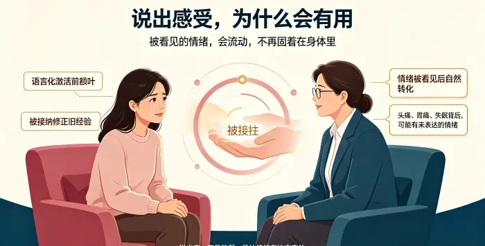 说出感受被接住心理咨询场景图 展示亚裔女性来访者在安全咨询关系中表达情绪,说明语言化、被接纳和情绪被看见有助于情绪流动,减少身体症状背后的未表达情绪。 2