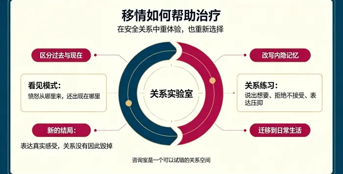 **移情作为关系实验室帮助治疗信息图** 用圆环模型说明移情通过看见关系模式、体验新结局、在安全空间练习新行为,帮助来访者区分过去与现在,并将改变迁移到日常生活。
