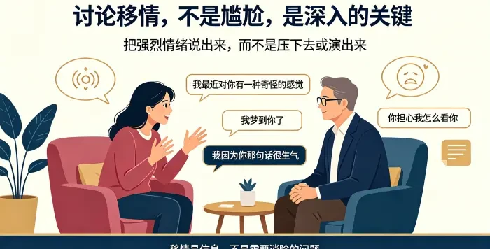 **:讨论移情是咨询深入关键场景图** 展示亚裔女性来访者向咨询师表达对其产生的强烈情绪,说明直接谈论奇怪感觉、梦境和愤怒不是越界,而是理解关系模式的重要材料。