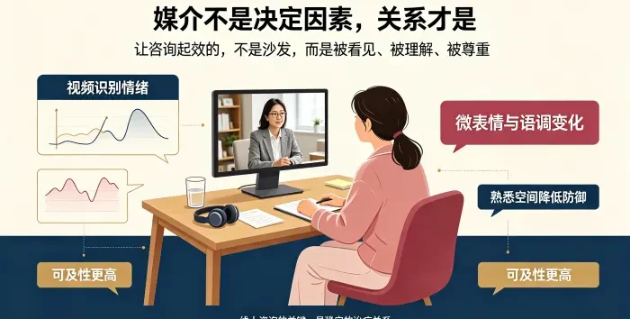 **线上心理咨询中关系比媒介更重要场景图** 呈现亚裔女性来访者在居家环境中与咨询师视频沟通,说明视频咨询同样能识别情绪变化,真正让咨询起效的是被看见、被理解、被尊重的治疗关系。