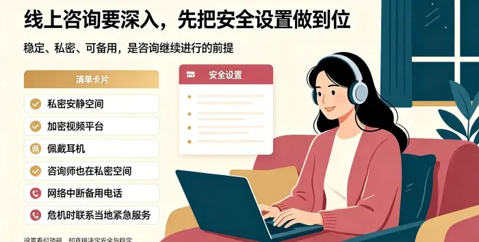 **线上心理咨询安全设置场景图** 展示亚裔女性来访者佩戴耳机在私密空间进行视频咨询,说明加密平台、安静环境、备用电话和危机预案是线上咨询安全稳定的前提。