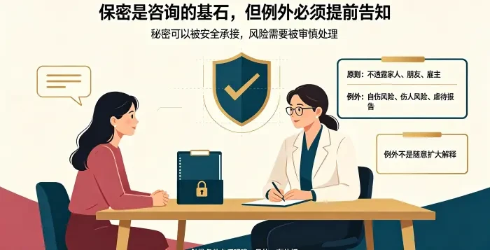 **心理咨询保密边界与例外场景图** 呈现亚裔女性来访者与咨询师沟通保密议题,说明咨询师原则上应为来访者信息保密,但自伤风险、伤人风险和虐待报告等例外应在咨询开始时提前告知。