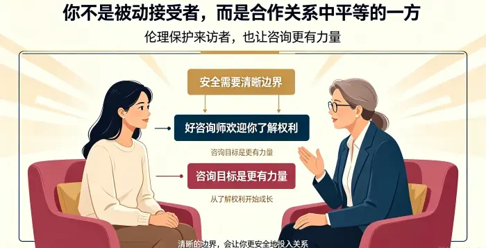 **心理咨询是平等合作关系场景图** 展示亚裔女性来访者与咨询师平等交流,说明伦理不是让来访者怀疑咨询师,而是帮助其在清晰边界中更安全地投入关系,最终更有力量。