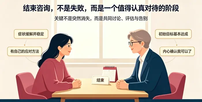 **结束咨询是重要阶段而非失败场景图** 呈现亚裔女性来访者与咨询师讨论结束议题,说明咨询结束应被认真对待,关键是共同评估进展,而不是突然消失或单方面决定。