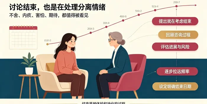 **讨论结束并处理分离情绪咨询场景图** 展示亚裔女性来访者在咨询师陪伴下面对告别,说明结束阶段会出现不舍、内疚、害怕和期待,可通过渐进拉远频率和明确日期完成告别。
