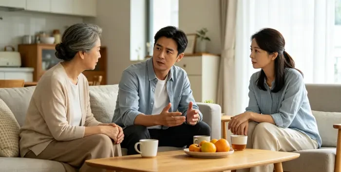 丈夫居中协调母亲与妻子沟通写实摄影图