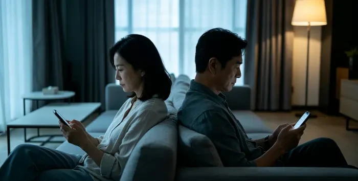 夫妻并排看手机疏离写实摄影图