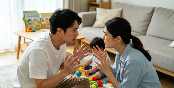 孩子睡后夫妻低声商量育儿笔记写实摄影图