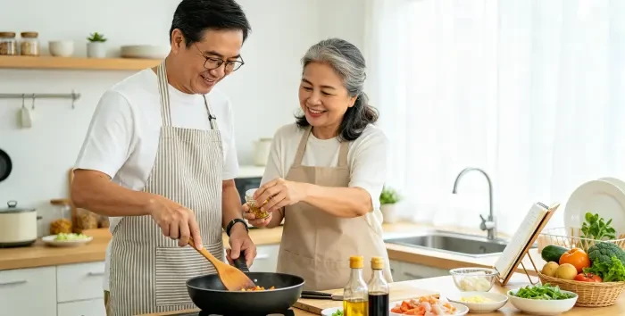 夫妻一起在厨房学做新菜写实摄影图