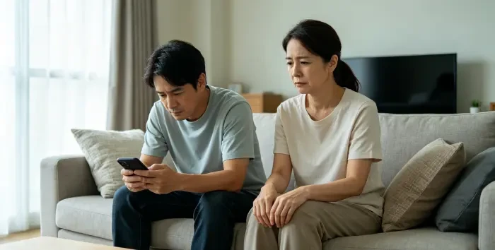 夫妻客厅手机敷衍夸赞写实摄影图