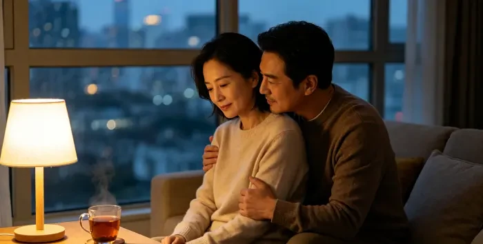 身体靠近是亲密的一种表达方,男方轻轻拥抱女方,女方放松回应,体现身体接触带来的连接感与亲密感。式