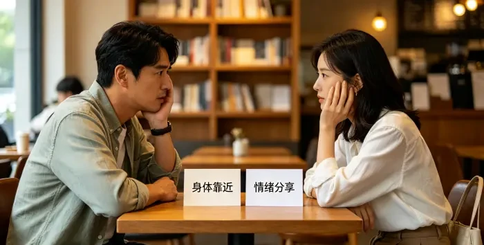 **亲密差异可能来自爱的语言不同** 一对亚洲成年男女在咖啡馆沟通,卡片分别写着 “身体靠近” 和 “情绪分享”,体现双方表达爱的方式不同,需要理解与翻译。
