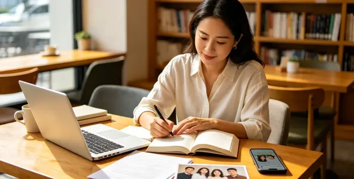 **独立会让关系拥有持续养分** 一位亚洲成年女性在明亮书房学习技能，桌上有书本、电脑、朋友合照和伴侣关心消息，体现拥有自己的成长、爱好与朋友，关系才有新鲜感。