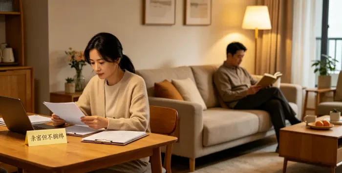 **有边界感的亲密更松弛长久** 一对亚洲成年男女在温暖客厅各自阅读，保持自然距离，便签写着 “亲密但不捆绑”，体现亲密但不捆绑、各自安好的长久关系状态。