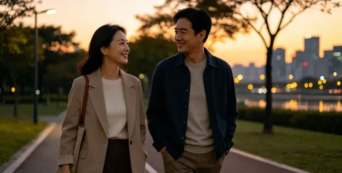 **最好的爱是各自独立又彼此需要** 一对亚洲成年男女在傍晚公园并肩散步交流，女方自信分享经历，男方认真倾听，体现一个人也能站稳