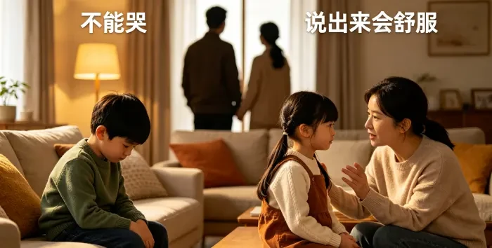 **成长环境塑造不同情绪表达习惯** 画面呈现小男孩被教导不能哭、小女孩被鼓励说出来,成年男女形成表达对照,体现成长经历让男女在情绪表达上走向不同方式。