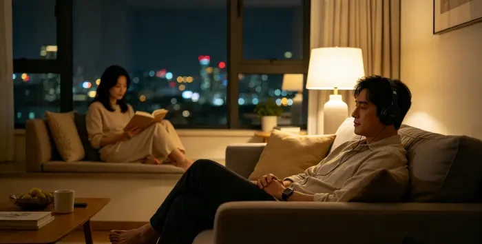**适度留白让吸引力保持温度** 一对亚洲成年男女在夜晚客厅各自阅读听音乐，保持自然距离但彼此安心，体现保留个人空间、让关系松弛舒适。