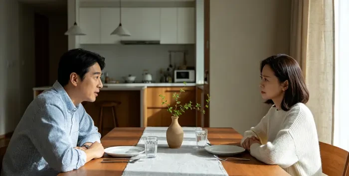配图3:夫妻坐在餐桌前面对面交谈