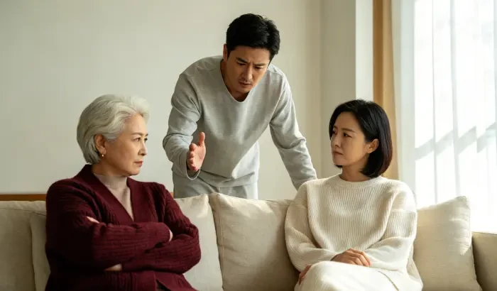配图2:丈夫站在妻子和母亲中间调解