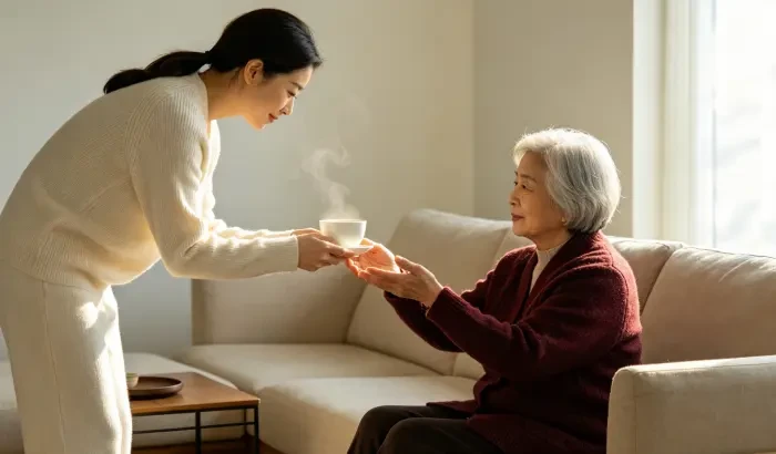 配图3:儿媳给婆婆递上一杯热茶