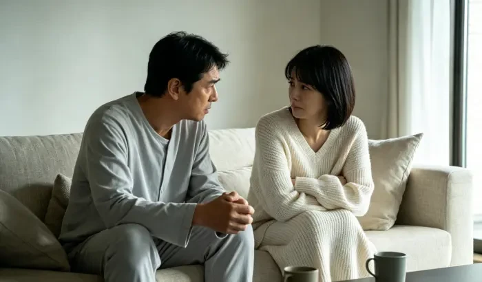 配图2：夫妻坐在沙发两端严肃交谈