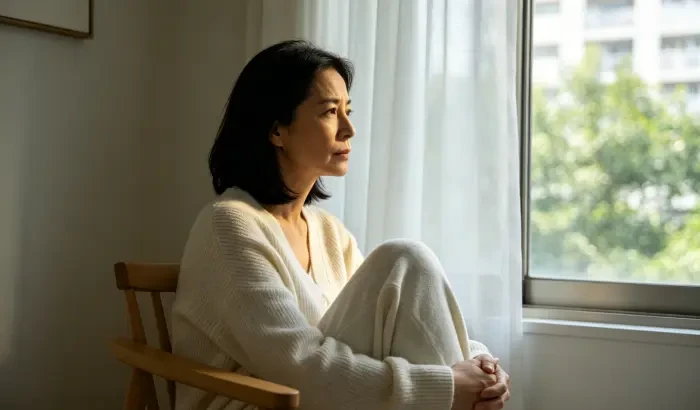 配图3：妻子独自坐在窗前思考
