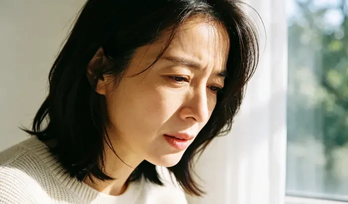 配图3:一个女性低头沉思的近景