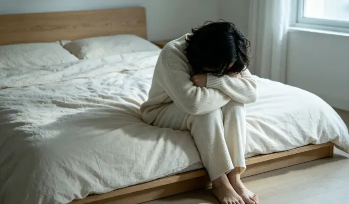 配图1：一个女性抱着膝盖坐在床边