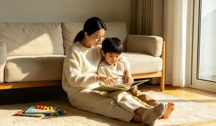 配图3：妈妈陪着孩子一起看书