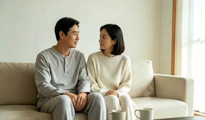 配图1：夫妻坐在客厅里低声交谈