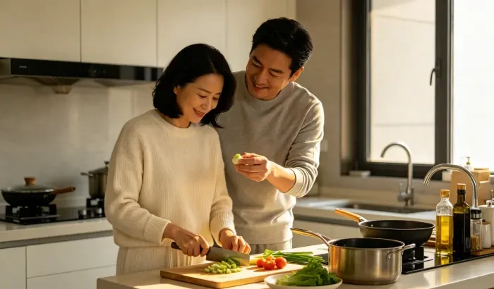 配图3：夫妻一起在厨房做饭