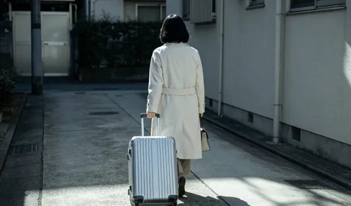 配图1:一个女人拖着行李箱离开