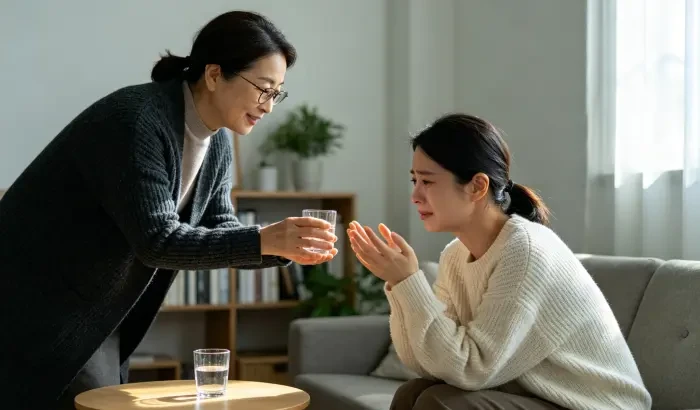 配图3:咨询师递上一杯水安抚委托人