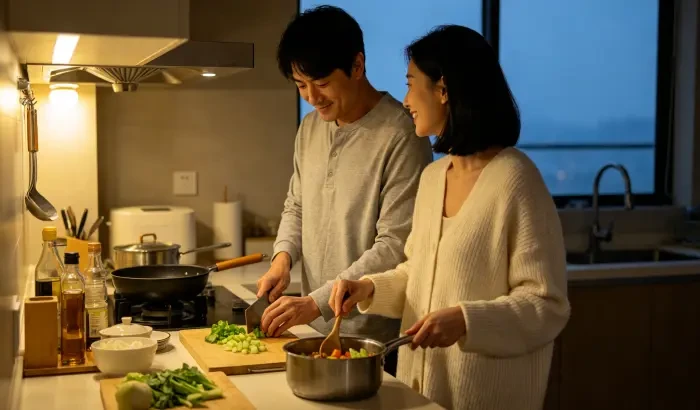 配图2:夫妻一起在厨房准备晚饭
