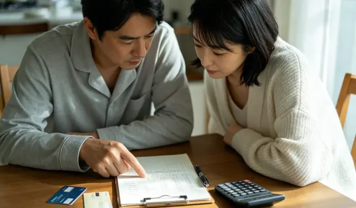 配图1:夫妻对坐,桌上摊着账本和银行卡