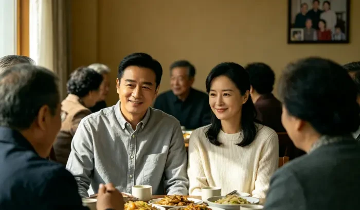 配图2:夫妻一起出席家庭聚会,神情坦然