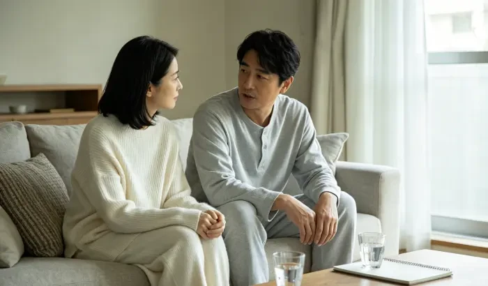 配图2:夫妻坐在沙发上,平静地商量事情