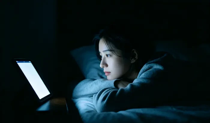深夜房间,人靠床头看亮着的平板,屏幕冷光照脸,房间其余黑