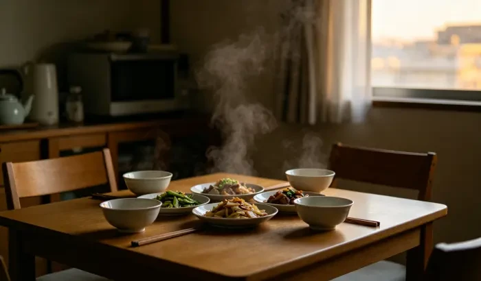 木桌三副碗筷和冒热气的菜,人还没坐,傍晚窗光,等待开饭