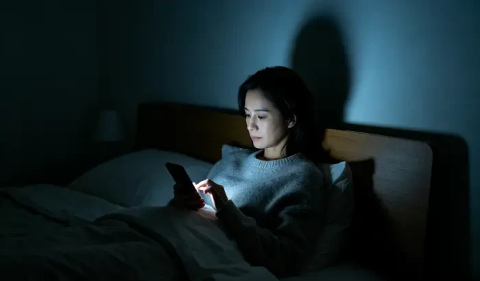 深夜卧室,女人靠床头打字,屏幕冷光照脸,房间暗蓝