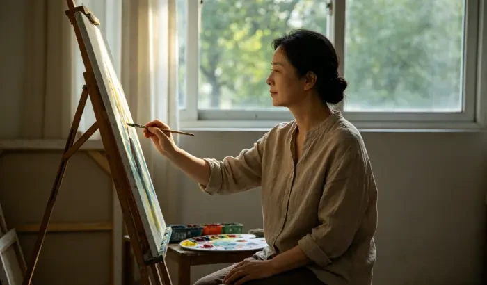窗前画架前,女人手拿画笔侧脸专注,上午柔光,重拾爱好
