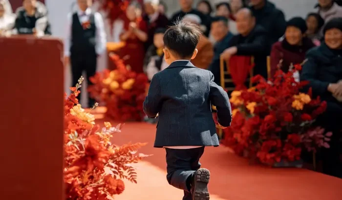 婚礼红毯上小男孩扭头跑开背影,周围红色花束和宾客虚化,热闹中抽离