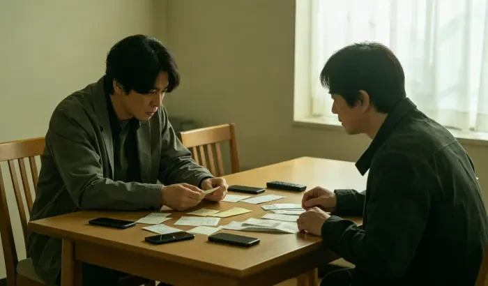 餐桌两人对坐,桌上摊着手机纸条票据,都低头看,坦诚对质